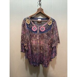 Anthropologie Women’s Boho Top Embroidered Sheer Flowy Arms Colorful Size Medium